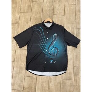 Hawaiian Shirts Men 2XL Black Teal SS Button Up Music Note Graphic Camp Beach